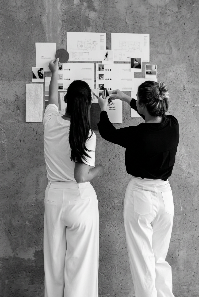 Duas mulheres criativas montando um painel de estratégia na parede